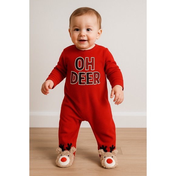 Holiday Time Other - Holiday Time "OH DEER" Christmas Footed Sleeper 18M Red Reindeer Feet